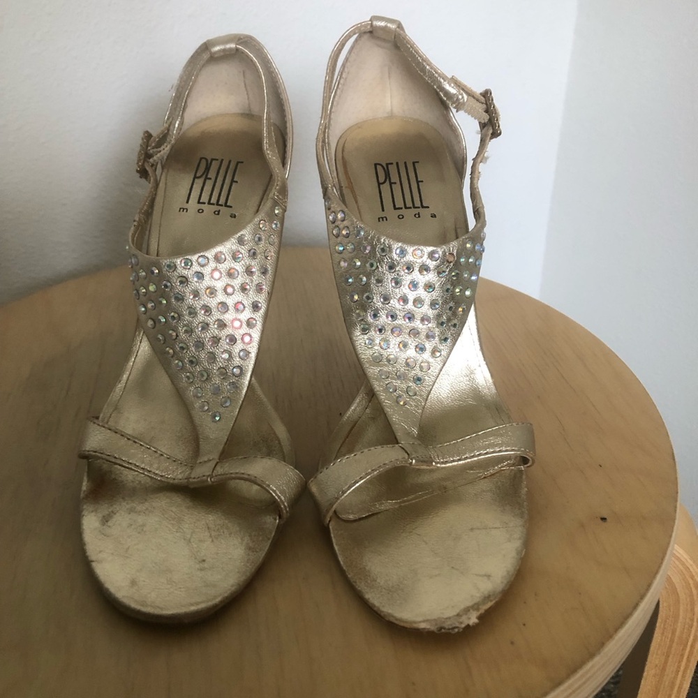 Pelle Moda Metallic Gold Crystal T-Strap Heels